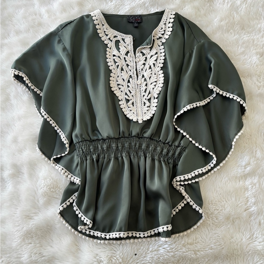 Green Ruffled Blouse with Flutter Sleeves